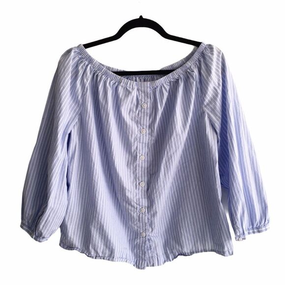 GAP Cotton Oversized Striped Off Shoulder Blouse Blue White S - Picture 2 of 7